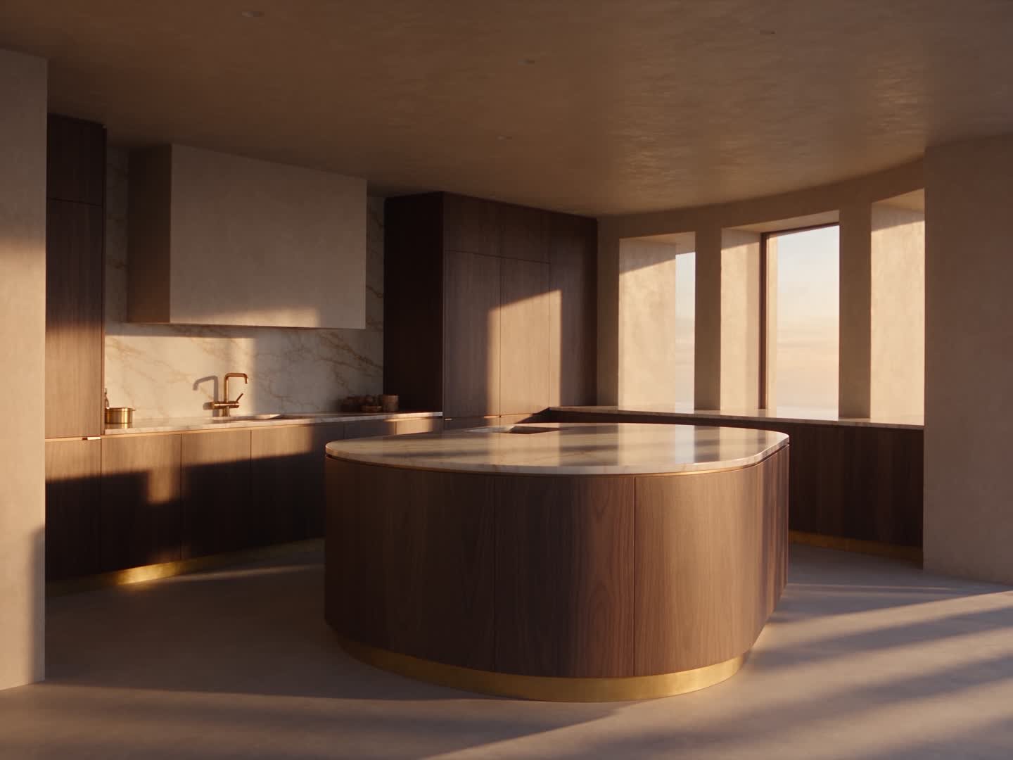 A marble island in a sunlit kitchen with dark walnut cabinetry and brass fixtures.